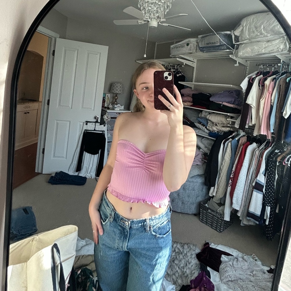 Pink Ribbed Tube Top with Ruched Detail - Picture 2 of 2